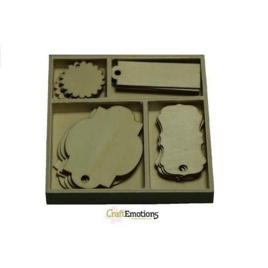 CraftEmotions Houten ornamenten Labels doosje 10,5 x 10,5 cm. 20 pcs.