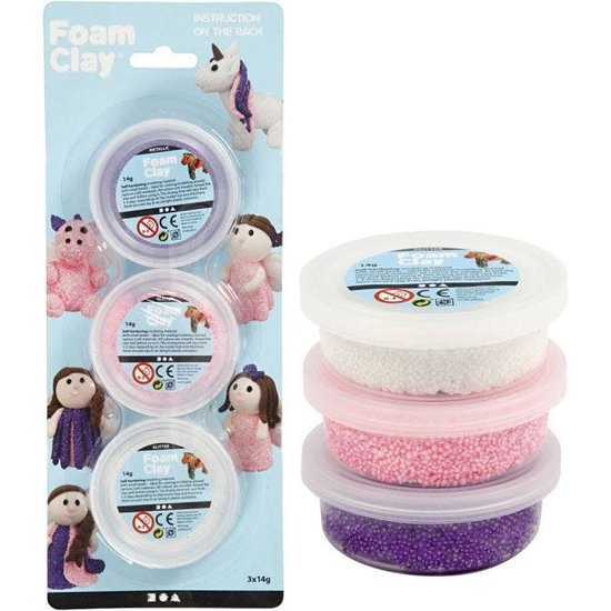 Creotime Foam Clay Glitter/metallic, Set Roze, Paars en Wit 3x14gr