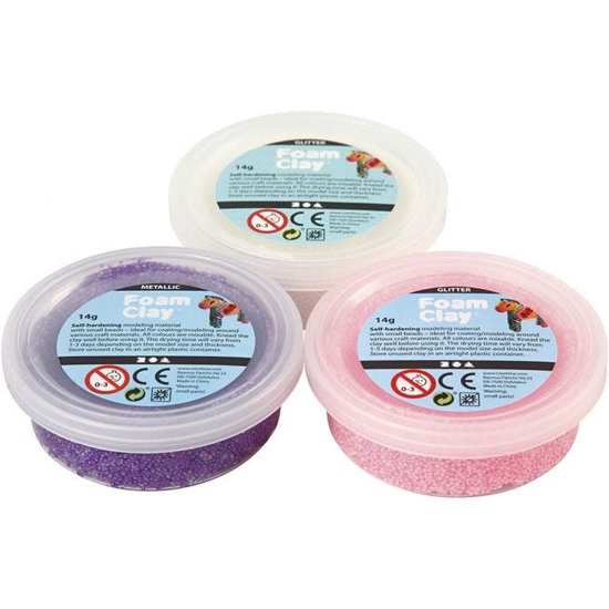 Creotime Foam Clay Glitter/metallic, Set Roze, Paars en Wit 3x14gr