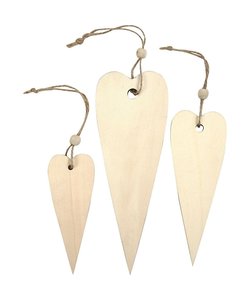 Houten harten, langwerpig 12+16+20cm. 3st.