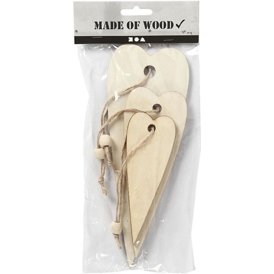 Creotime Houten harten, langwerpig 12+16+20cm. 3st.