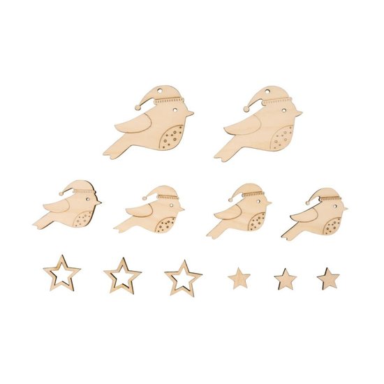 Rayher Rayher Houten Sterren & Vogels Set 12 st. Assorti 2,5-4,3cm. Koord 0,5mtr.