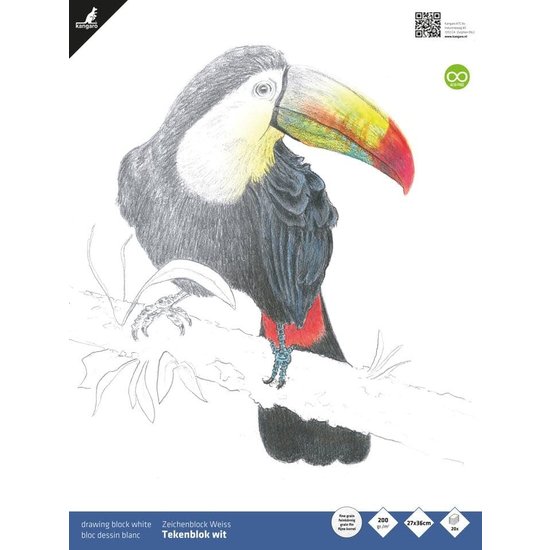 Kangaro Tekenblok fijne korrel 200gr. kopgelijmd   27x36cm. 20 vel Wit