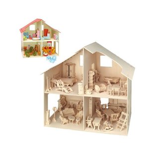 Pebaro Houten Poppen huis 40x37cm. inclusief  42 st. meubel