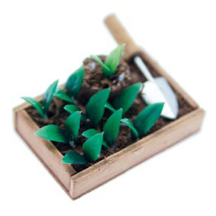 Miniatuur Planten kweekbak met schep 4,5x4x1,5cm.