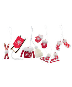 Houten set Mini Winter Decoratie 5-7 cm. 12 st. Rood/wit