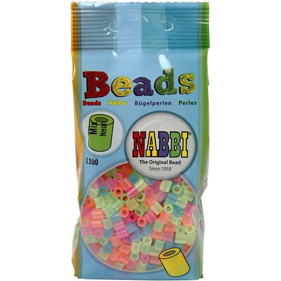 Nabbi Strijkkralen 5x5 mm. gatgrootte 2,5 mm/medium assorti 1100 st. Neon kleuren