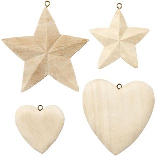 Houten Harten en sterren, 4st. Assorti (Zie beschrijving voor afmetingen)