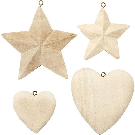 Creotime Houten Harten en sterren, 4st. Assorti