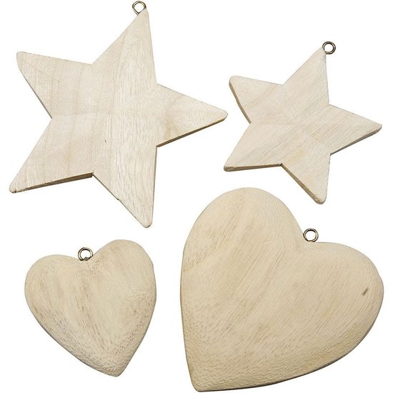 Creotime Houten Harten en sterren, 4st. Assorti