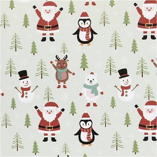 Cadeaupapier Kerst, Kerstman, Sneeuwman, Rendier 80 gr. 50cm x 5 mtr