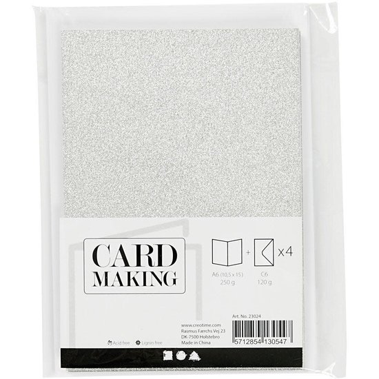 Creotime Kaarten en Enveloppen 10,5x15 cm. 4 st. Zilver Glitter