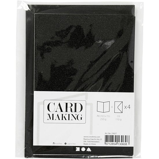 Creotime Kaarten en Enveloppen 10,5x15 cm. 4 st. Zwart Glitter