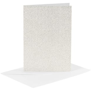 Kaarten en Enveloppen 10,5x15 cm. 4 st. Wit Glitter