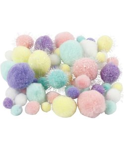 Pom Pom Mix set incl. glitter 15-40mm. 62gr. Pastel kleuren