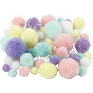 Pom Pom Mix set incl. glitter 15-40mm. 62gr. Pastel kleuren