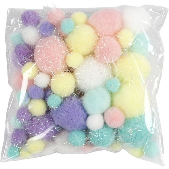 Creotime Pom Pom Mix set incl. glitter 15-40mm. 62gr. Pastel kleuren