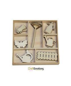 Houten ornamenten Garden tools doosje 10,5 x 10,5 cm. 35 pcs .