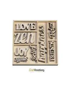 Houten ornamenten Zen Love  doosje 10,5 x 10,5 cm. 40 pcs .