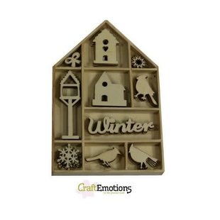 Houten ornamenten Vogel Vogelhuisje Winter doosje 10,5 x 10,5 cm. 50 pcs .