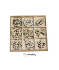 Houten ornamenten High tea roses roosjes doosje 10,5 x 10,5 cm. 45 pcs .