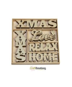 Houten ornamenten Xmas words doosje 10,5 x 10,5 cm. 25 pcs .