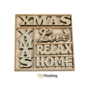 Houten ornamenten Xmas words doosje 10,5 x 10,5 cm. 25 pcs .