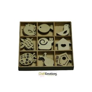 Houten ornamenten tuin nr 2 doosje 10,5 x 10,5 cm. 45 pcs .