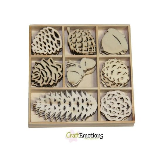 CraftEmotions Houten ornamenten Denneappel doosje 10,5 x 10,5 cm. 25 pcs.