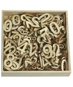 Houten ornamenten Cijfers Basic Groot/Klein doosje 10,5 x 10,5 cm. 256 pcs.