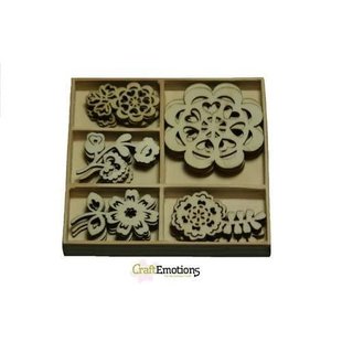 Houten ornamenten Folk flowers doosje 10,5 x 10,5 cm. 25 pcs .