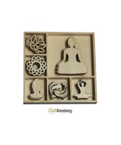 Houten ornamenten Happiness Boeddha doosje 10,5 x 10,5 cm. 35 pcs .