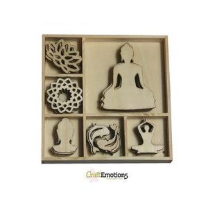 Houten ornamenten Happiness Boeddha doosje 10,5 x 10,5 cm. 35 pcs .