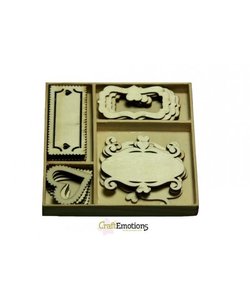 Houten ornamenten Fantasy frames doosje 10,5 x 10,5 cm. 20 pcs.