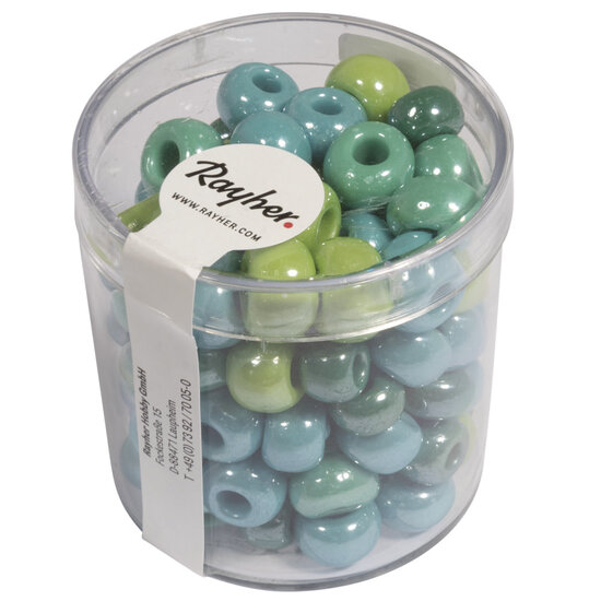 Rayher Glazen kraal met groot gat, Opaak, ø 8,7 mm, doosje à 55 g groen, blauw-tinten