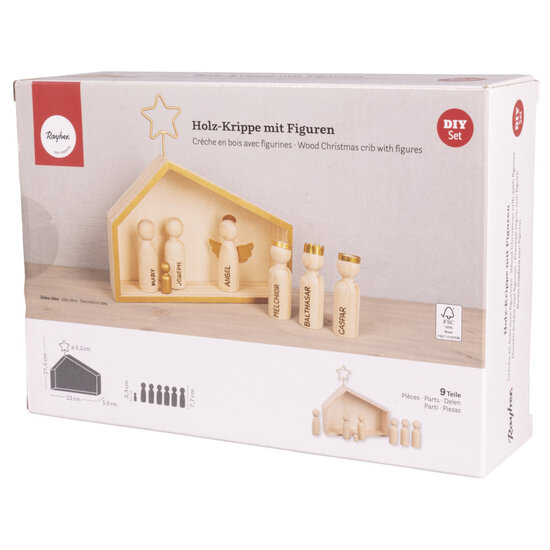 Rayher Houten kribbe met figuren 22x5,6x21,5cm, 9-dlg