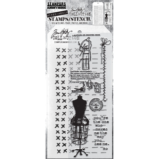 Tim Holtz Mixed Media Stamps & Stencil Set 42 Stitched and Dashes