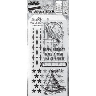 Tim Holtz Mixed Media Stamps & Stencil Set 43 Birthday, Diamond Dot and Stars