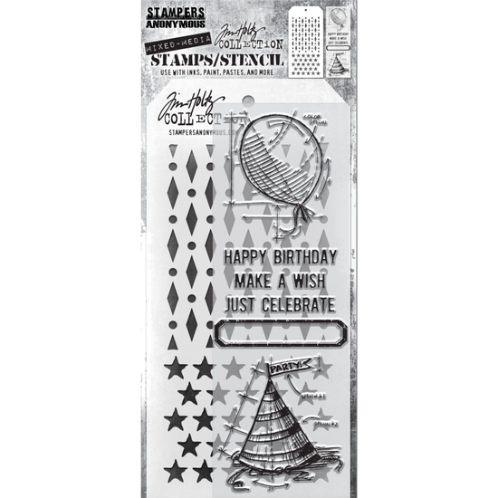 Tim Holtz Tim Holtz Mixed Media Stamps & Stencil Set 43 Birthday, Diamond Dot and Stars
