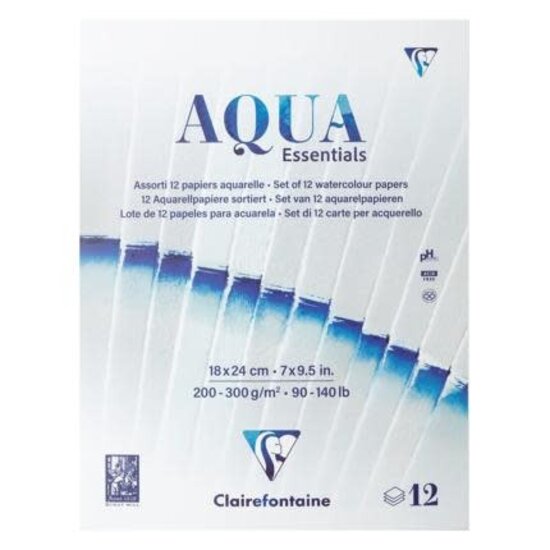 Clairefontaine Aqua Essentials, gelijmd blok met 12 verschillende aquarelpapieren 18x24 cm, 12 vellen 200g-300g