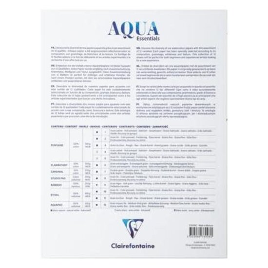 Clairefontaine Aqua Essentials, gelijmd blok met 12 verschillende aquarelpapieren 18x24 cm, 12 vellen 200g-300g