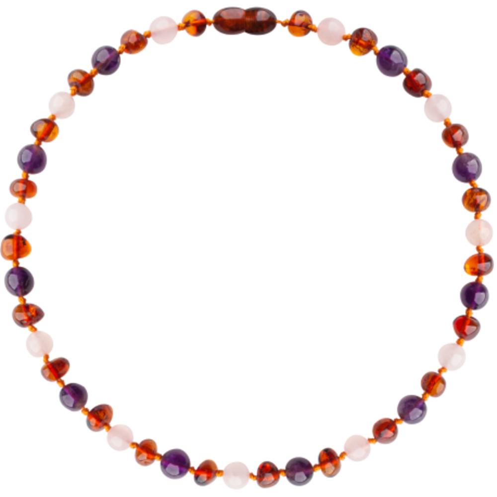 Barnsteen Barnsteen | Ketting | Glimmend | Baroque Cognac/Rose Quartz/Amethyst | 32 cm