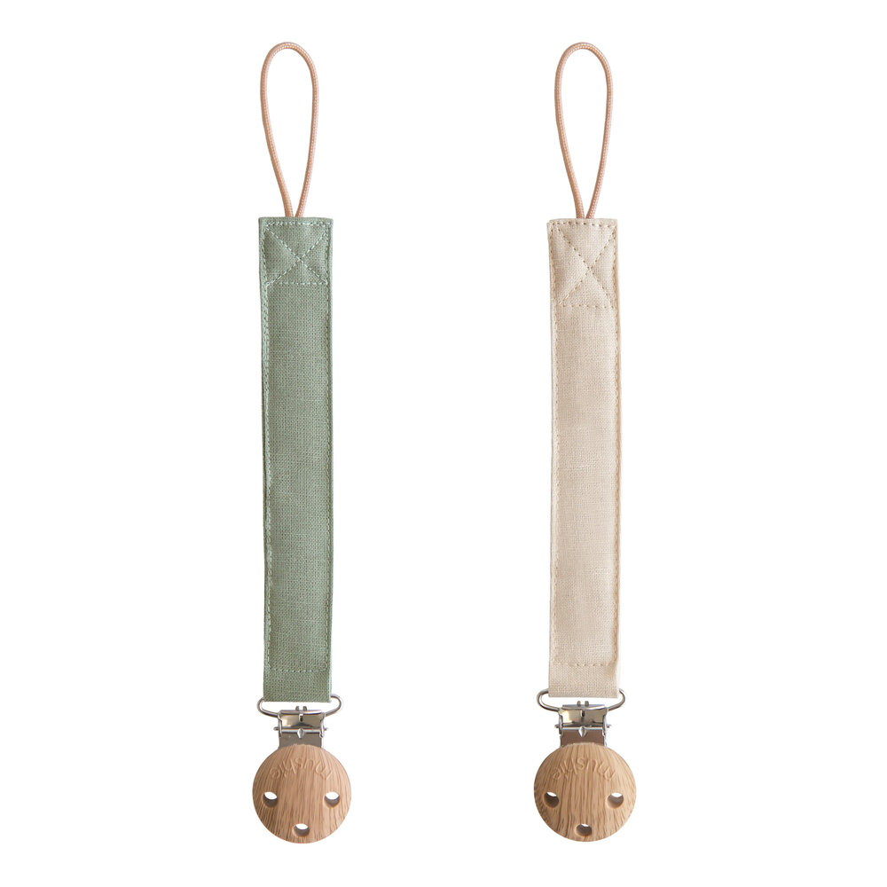 Mushie Mushie | Linen Pacifier Clip 2-Pack | Olive/Shifting Sand