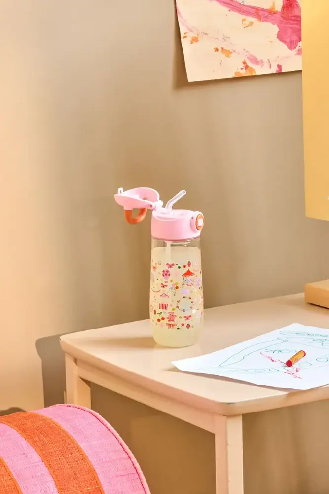 Rice Everyday Magic Rice | Plastic Kids Drinking Bottle | Pink Fun Fair Print | 550 ml