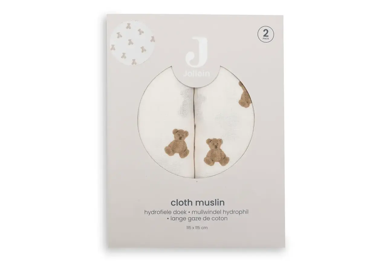 Jollein Jollein | Hydrofiele Doek Large 115x115cm | Mini Teddy Bear | 2 Stuks Jollein Jollein | Hydrofiele Doek Large 115x115cm | Mini Teddy Bear | 2 Stuks