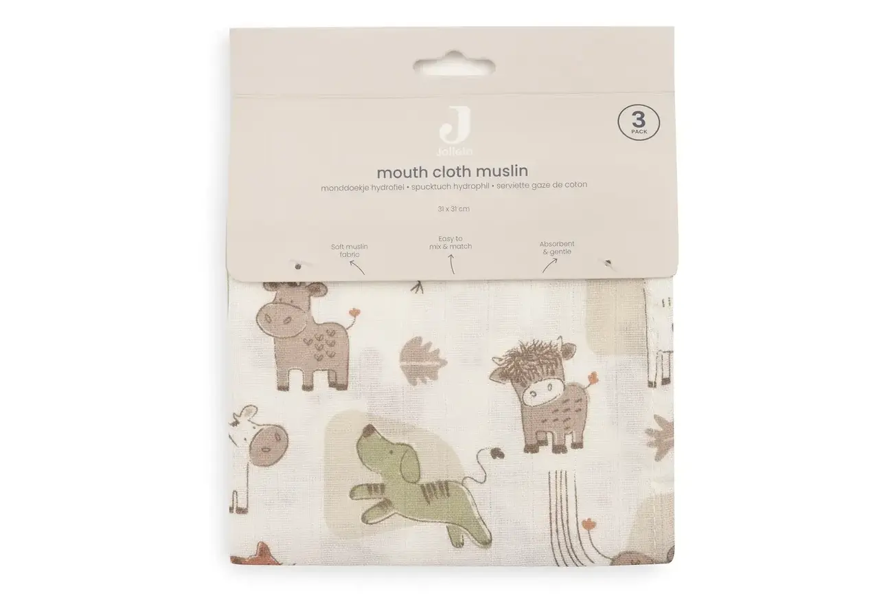 Jollein Jollein | Hydrofiel Monddoekje 31x31cm | Barn Buddies | 3 pack