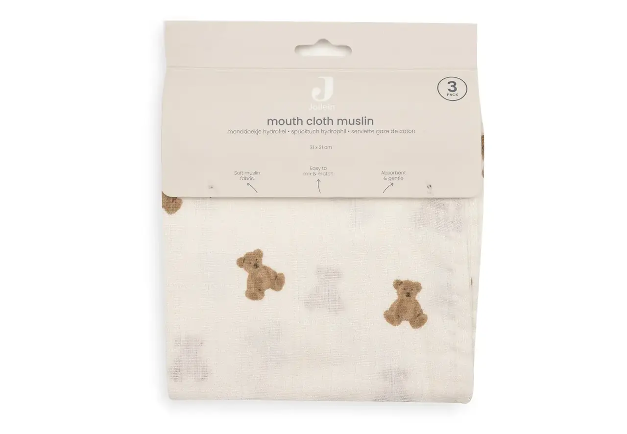 Jollein Jollein | Hydrofiel Monddoekje 31x31cm | Mini Teddy Bear | 3 pack