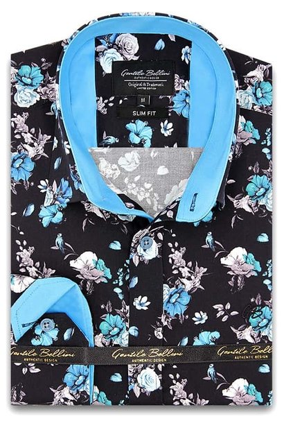 Heren Overhemd - Hyacinth Print Satin - Zwart