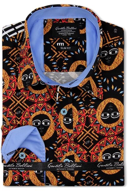 Heren Overhemd - African Motif Satin - Zwart
