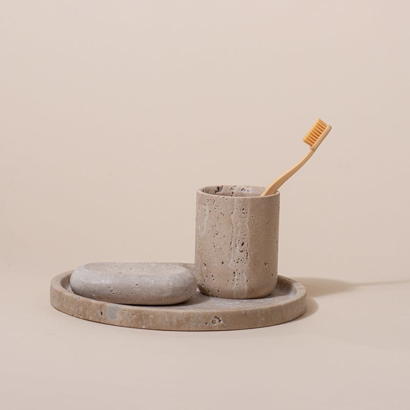 Stoned brushholder 'Travertine' -Ø 8 x 10 cm
